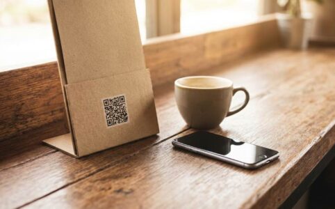 Business owner placing a QR code sticker on a storefront window to attract customers