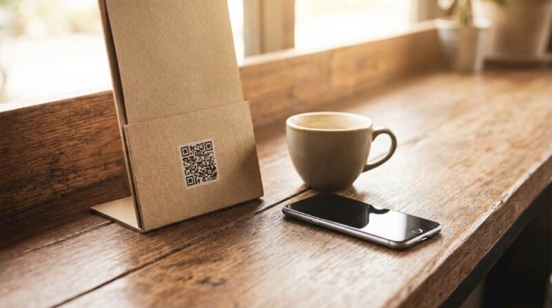 Business owner placing a QR code sticker on a storefront window to attract customers