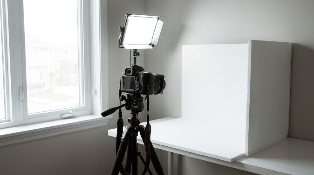 Flat lay product photography of cosmetics on marble background for online store