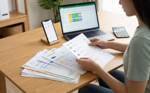 Person creating a zero-based budget spreadsheet with multiple side hustle income streams on a laptop
