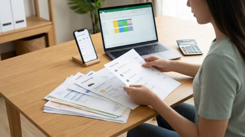 Person creating a zero-based budget spreadsheet with multiple side hustle income streams on a laptop