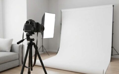 Photographer arranging skincare products on a clean white surface for e-commerce shoot