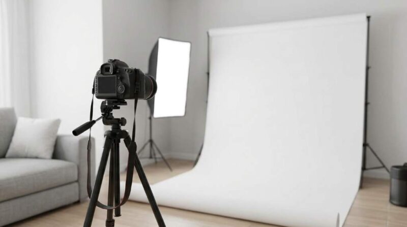 Photographer arranging skincare products on a clean white surface for e-commerce shoot