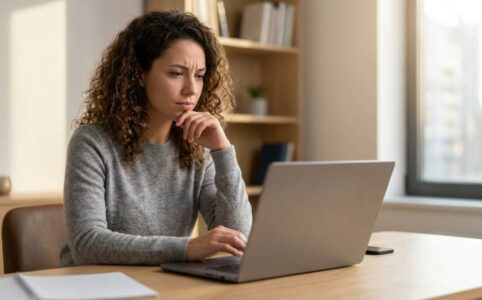 Professional woman writing an email to politely decline a job offer and leave the door open