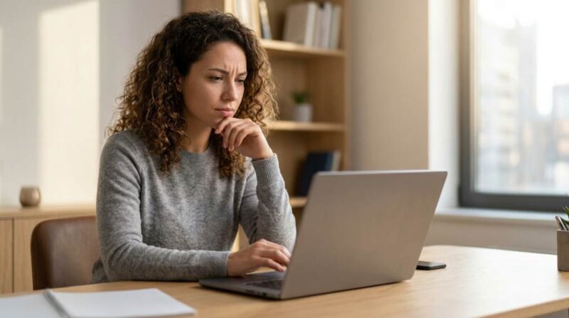 Professional woman writing an email to politely decline a job offer and leave the door open