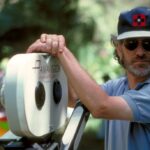 Steven Spielberg directing on a Hollywood film set in the 1970s