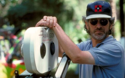 Steven Spielberg directing on a Hollywood film set in the 1970s