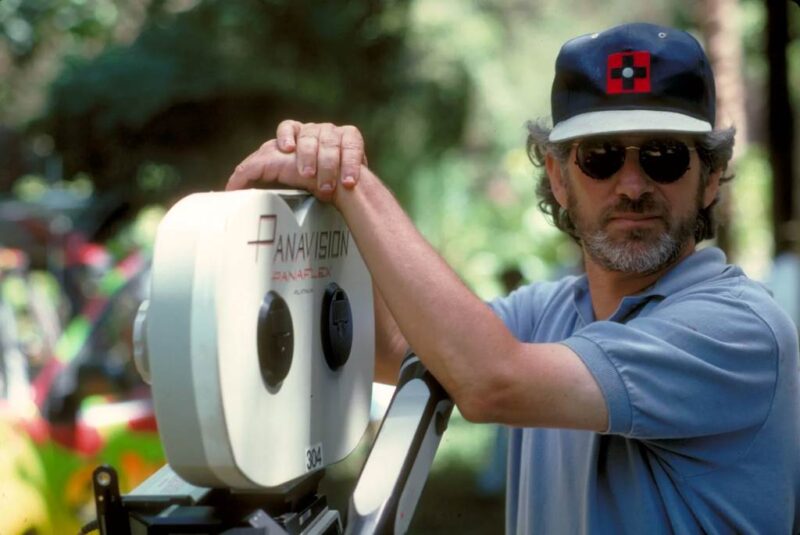Steven Spielberg directing on a Hollywood film set in the 1970s