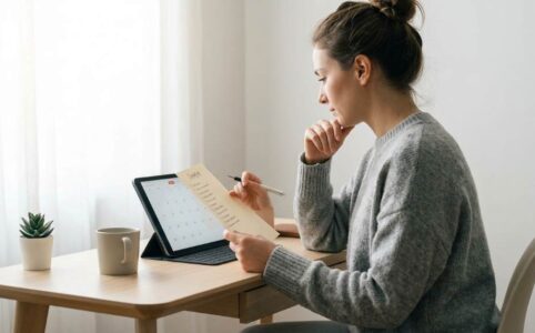 Woman writing in a sunday reset checklist planner on a desk with coffee