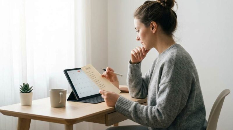 Woman writing in a sunday reset checklist planner on a desk with coffee