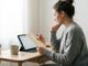 Woman writing in a sunday reset checklist planner on a desk with coffee