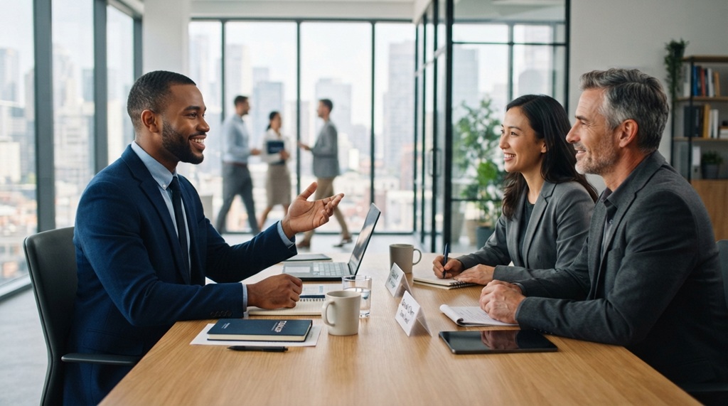 A confident male candidate smiles during a successful job interview.