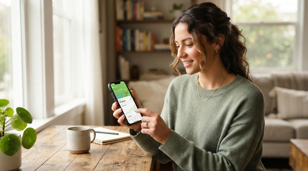 A woman using a mobile app on her smartphone to make small investments.