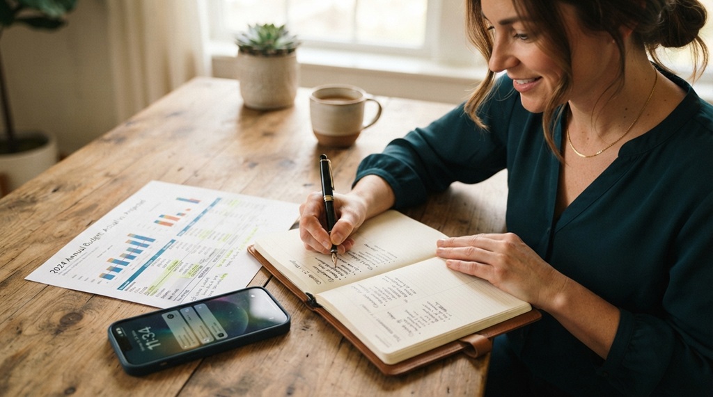 Entrepreneur taking notes in planner next to financial budget chart on desk.