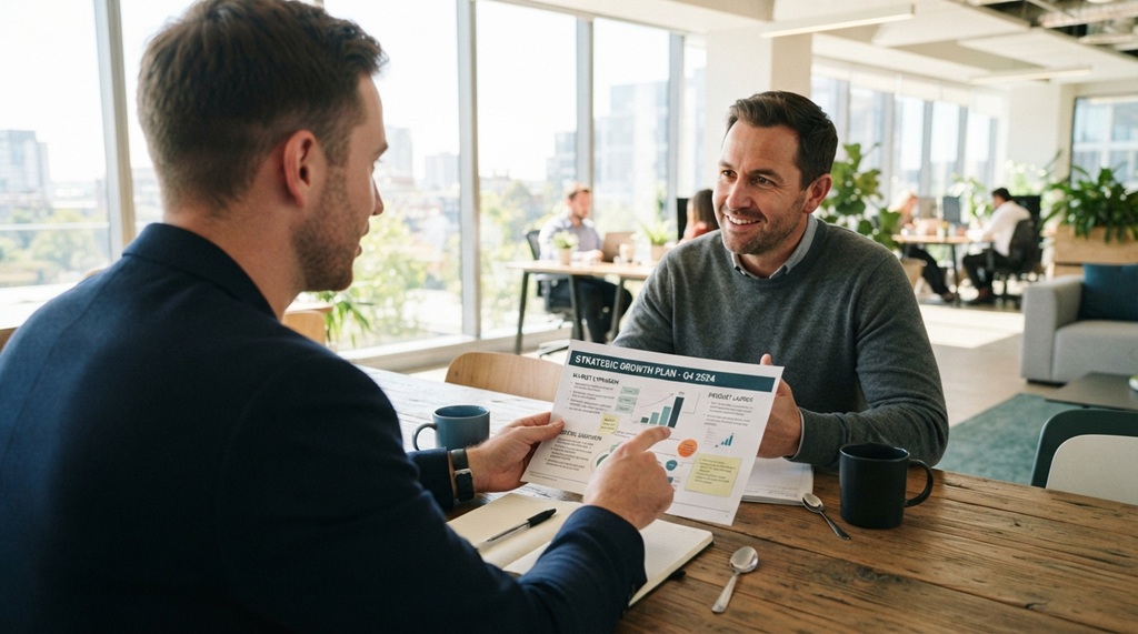 A male entrepreneur discussing a business strategy over coffee with a colleague.