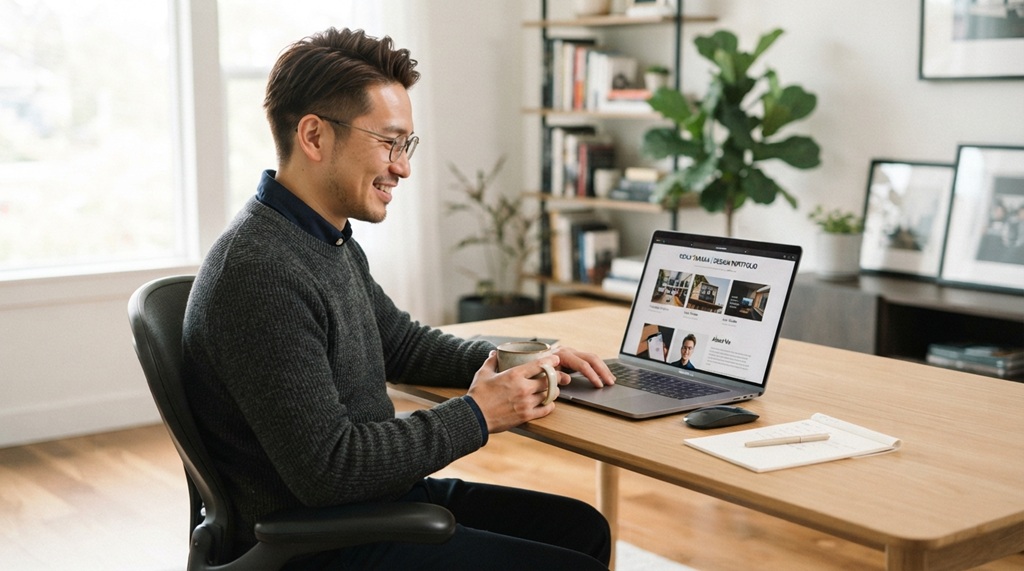 A man reviewing his professional online portfolio on a laptop at a desk.