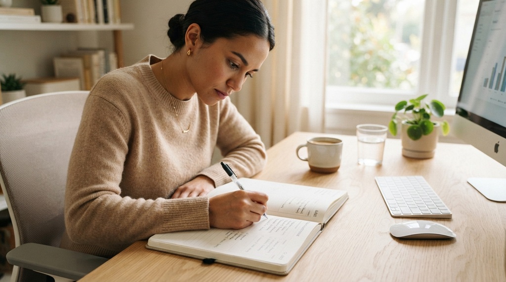 A woman writing goal milestones in a planner at a bright desk.