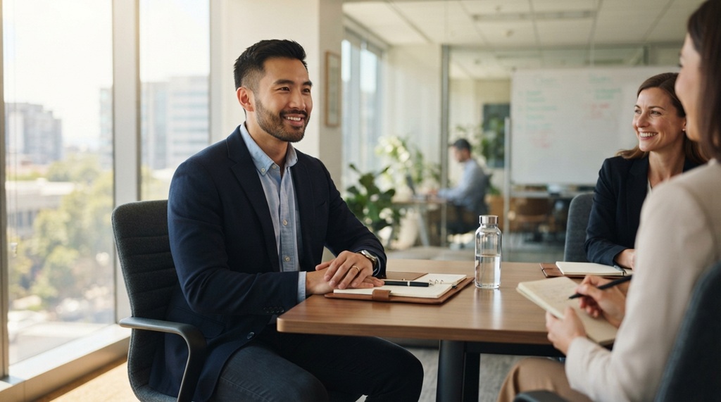 A relaxed male applicant sits comfortably during a job interview.