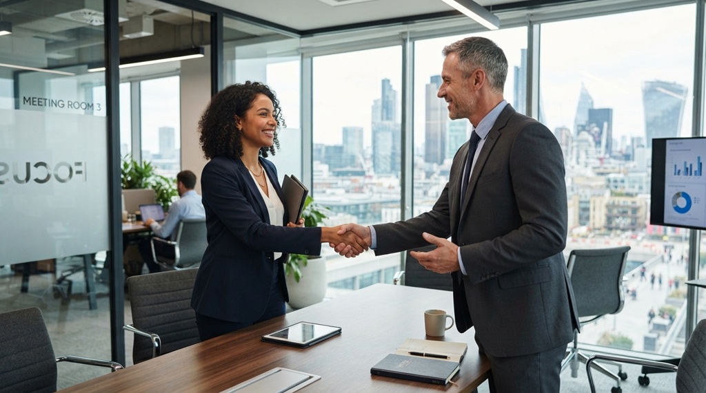 A job candidate confidently shaking hands with a hiring manager in a modern office.
