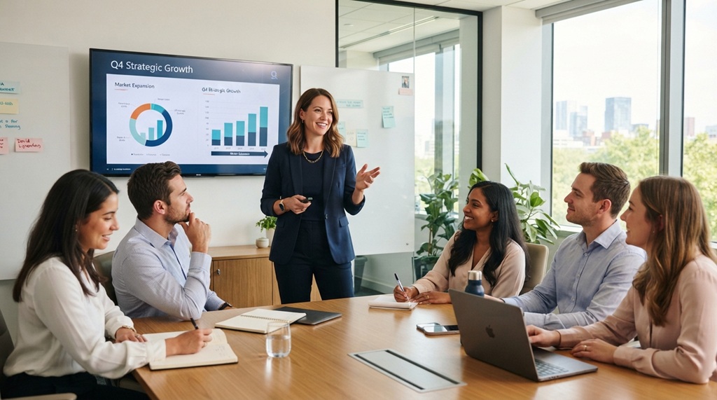 A woman presenting her ideas to a team in a bright office.