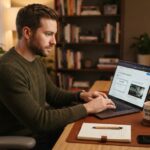 A man typing on a laptop with a cup of coffee while reviewing courses.