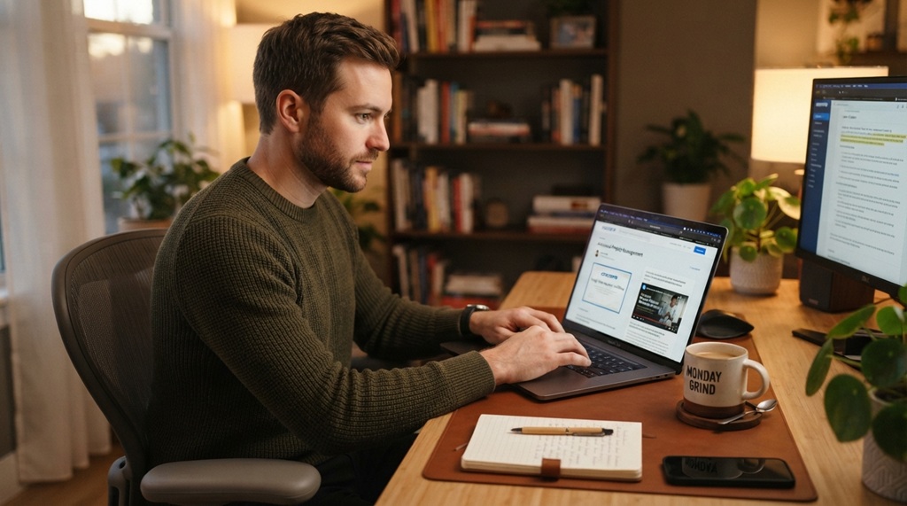 A man typing on a laptop with a cup of coffee while reviewing courses.