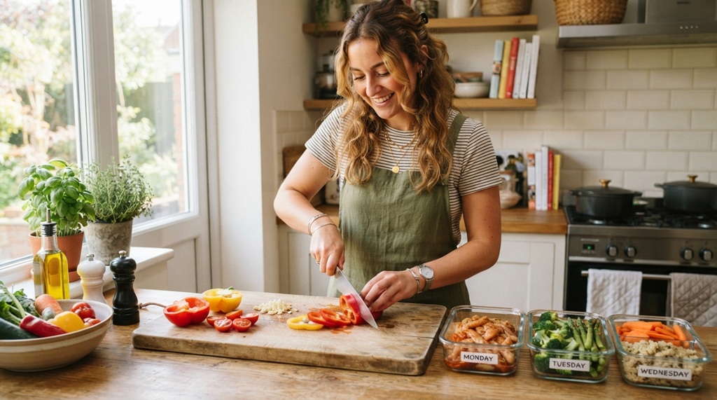 Woman cutting fresh vegetables for quick meal prep in bright kitchen.