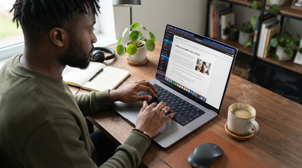 A male professional typing blog content on a laptop beside coffee.