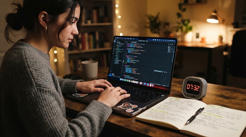 Close-up of a laptop with open study notes and a desk timer.