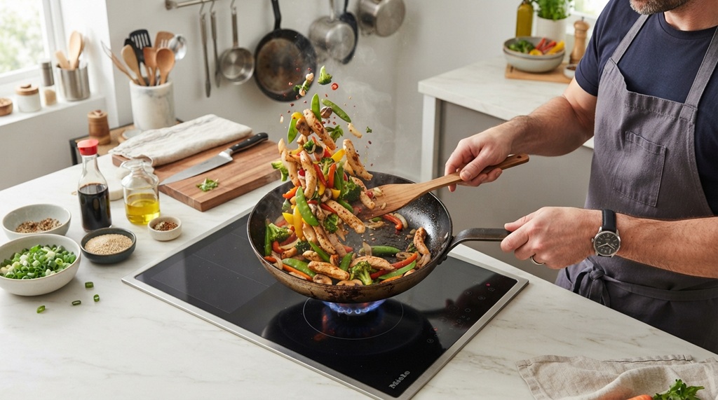 Man cooking colorful chicken and vegetable stir fry in skillet pan.