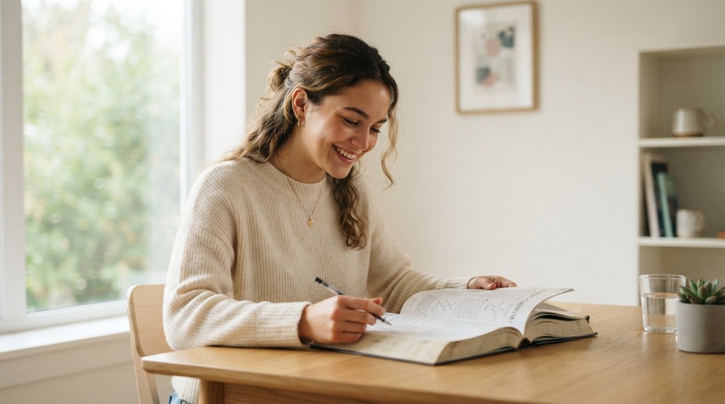 Focused student reviewing textbook notes calmly in a brightly lit room.