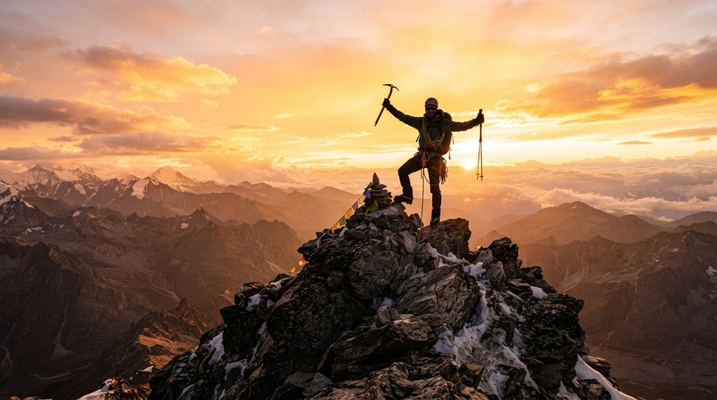 A lone climber standing on a rocky mountain summit at sunrise.
