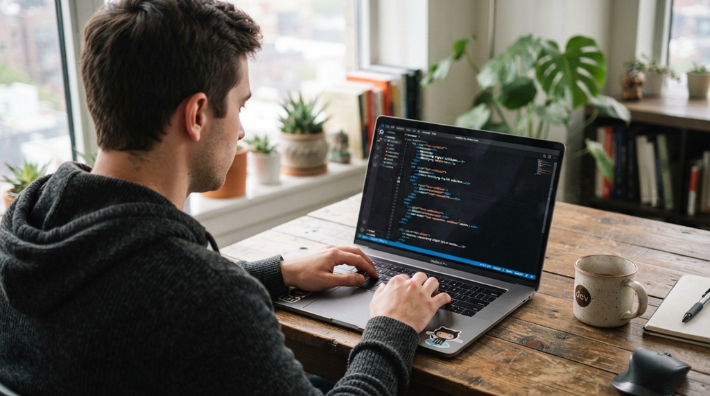 A man typing simple programming code on a laptop next to a cup of coffee.