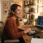 A woman smiling at her laptop screen displaying colorful computer code in a bright home office.