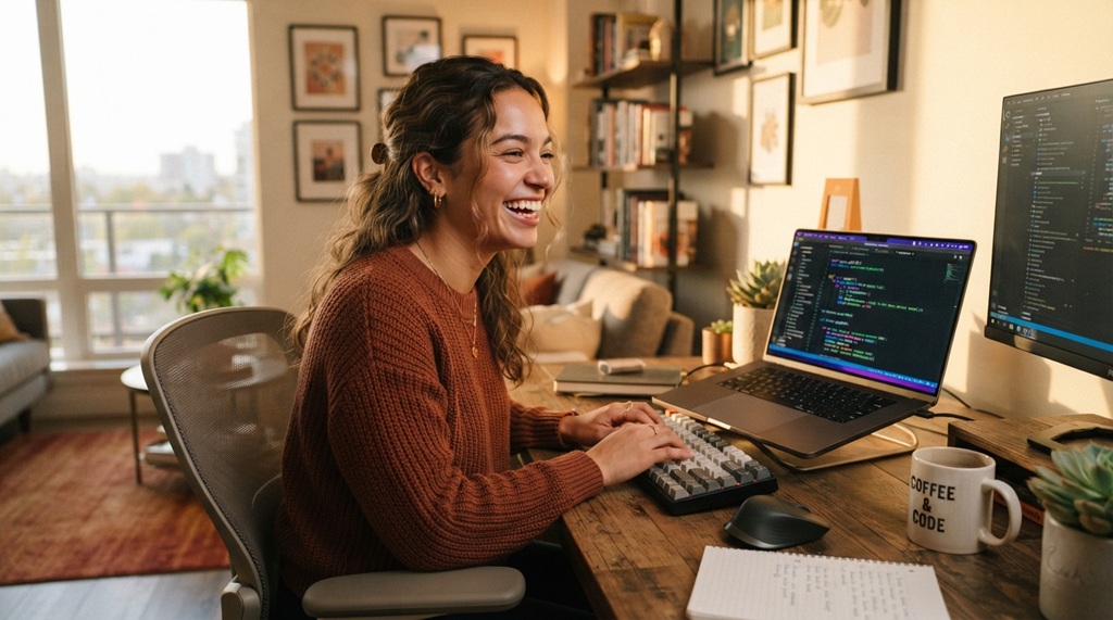 A woman smiling at her laptop screen displaying colorful computer code in a bright home office.