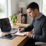 Young man studying on laptop and writing notes at bright desk.