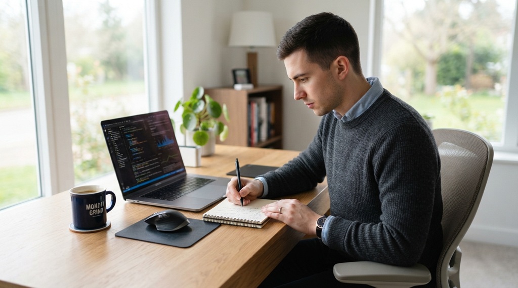 Young man studying on laptop and writing notes at bright desk.