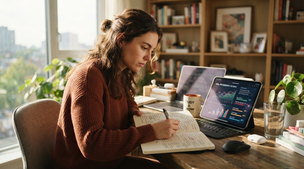 A person sitting at a bright desk writing notes to learn a skill fast.
