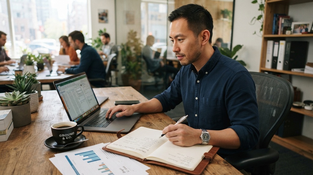 Man typing on laptop at desk while reviewing printed business plan documents.