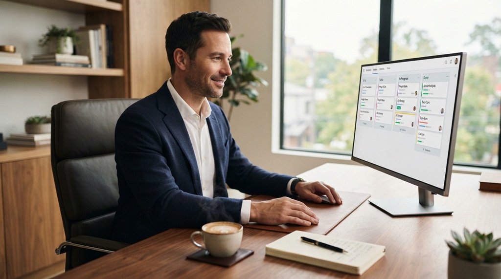 A male professional reviewing completed digital tasks on a desktop computer screen.