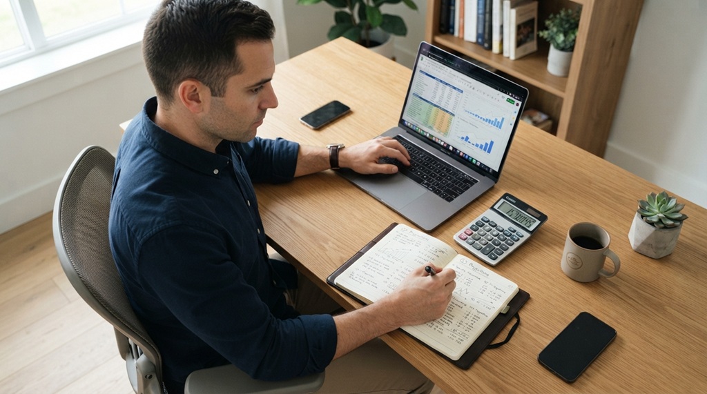A man typing on a laptop while writing monthly expenses in a journal.