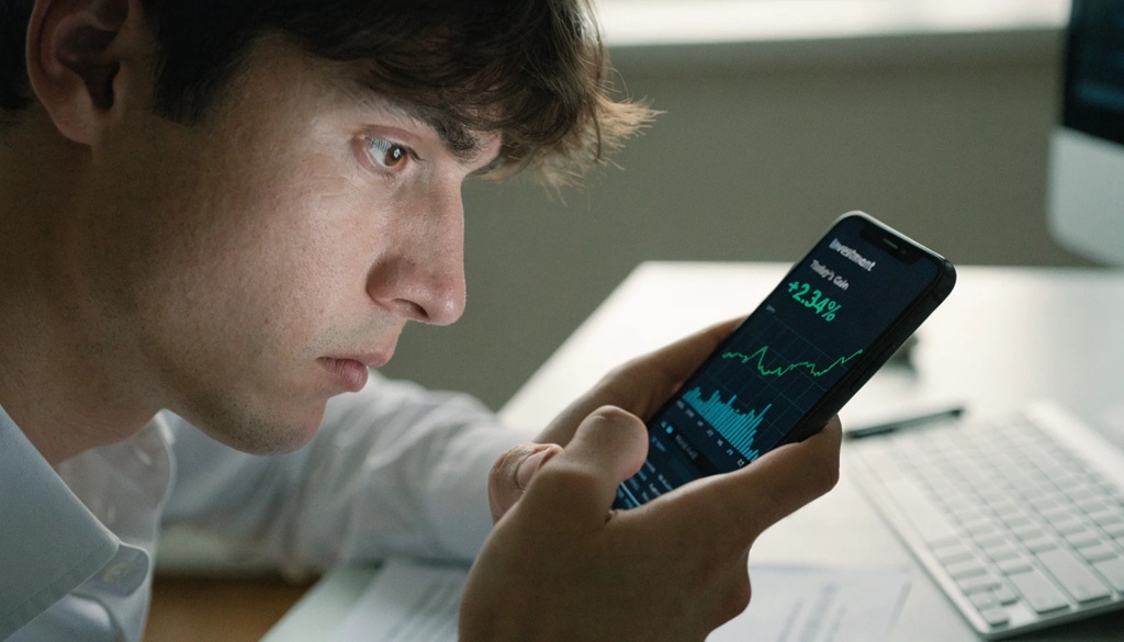 A man holding a smartphone showing clean financial growth investment charts.