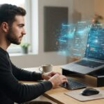 A man working on a laptop displaying glowing AI data visualization charts.