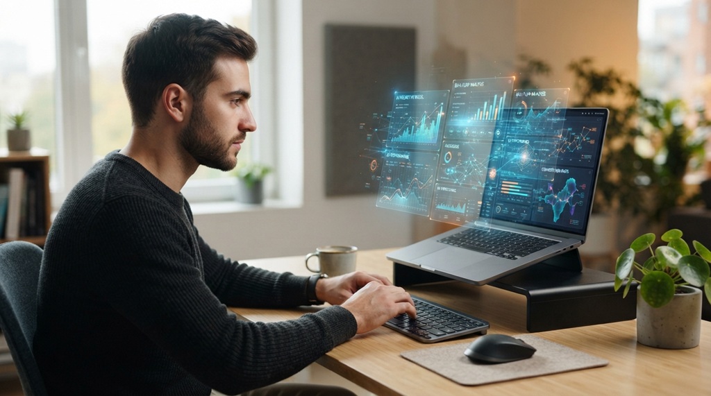 A man working on a laptop displaying glowing AI data visualization charts.