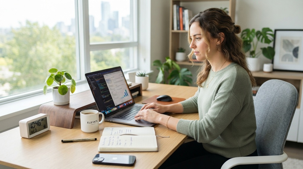 Woman organizing daily planner tasks near laptop and digital clock.
