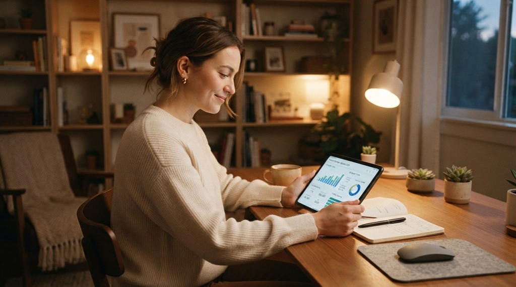Person sitting peacefully at home managing monthly budget calculations on tablet.