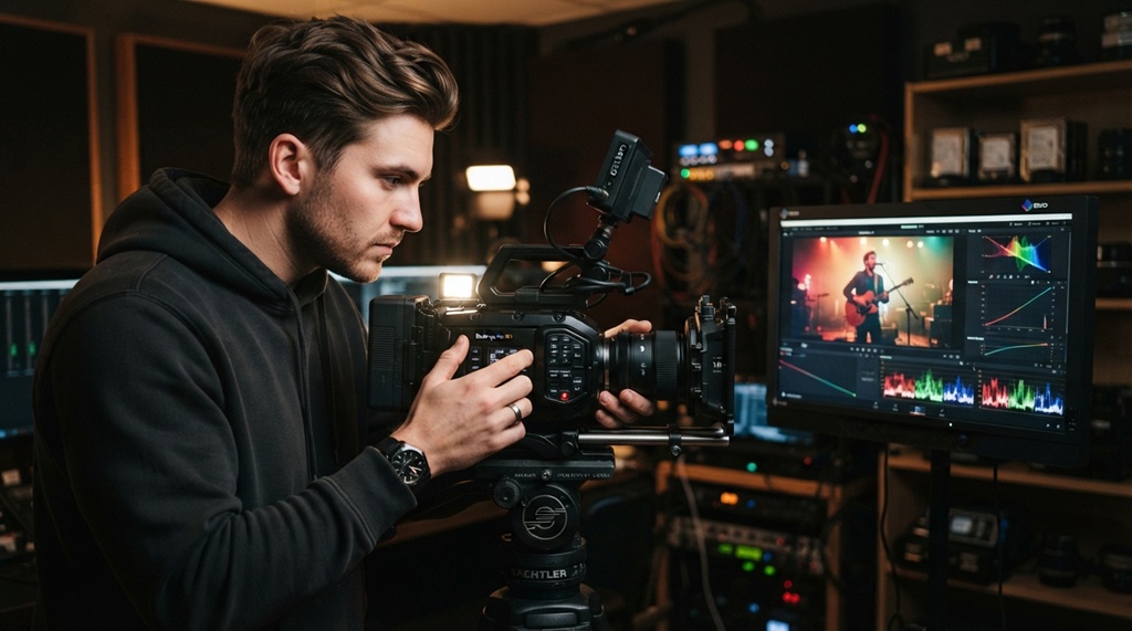 A man adjusting camera settings next to a professional video editing screen.