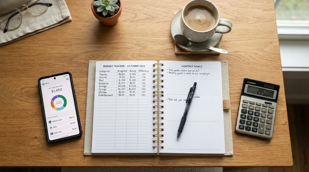 Person reviewing a clean monthly budget planner on a modern desk setup.