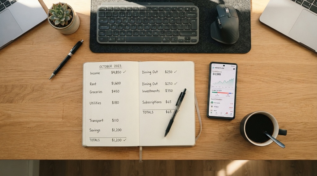 A notebook showing a monthly budget next to coffee and a smartphone.