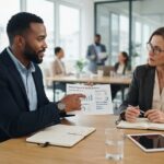 A man holding a document while confidently discussing salary terms with a hiring manager.